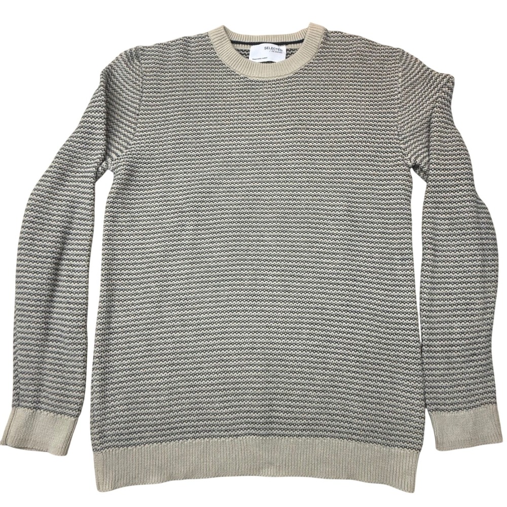Selected Homme Mens Tan Navy Blue Organic Cotton Crew Neck Sweater 16079961